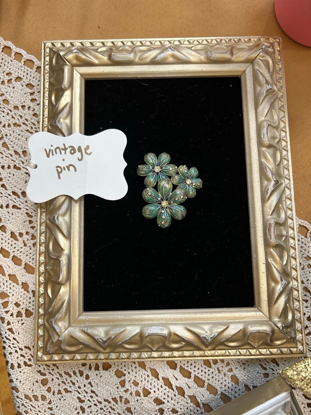 Vintage Floral Brooch Framed Art Green Enamel Rhinestone Black Velvet Gold Frame